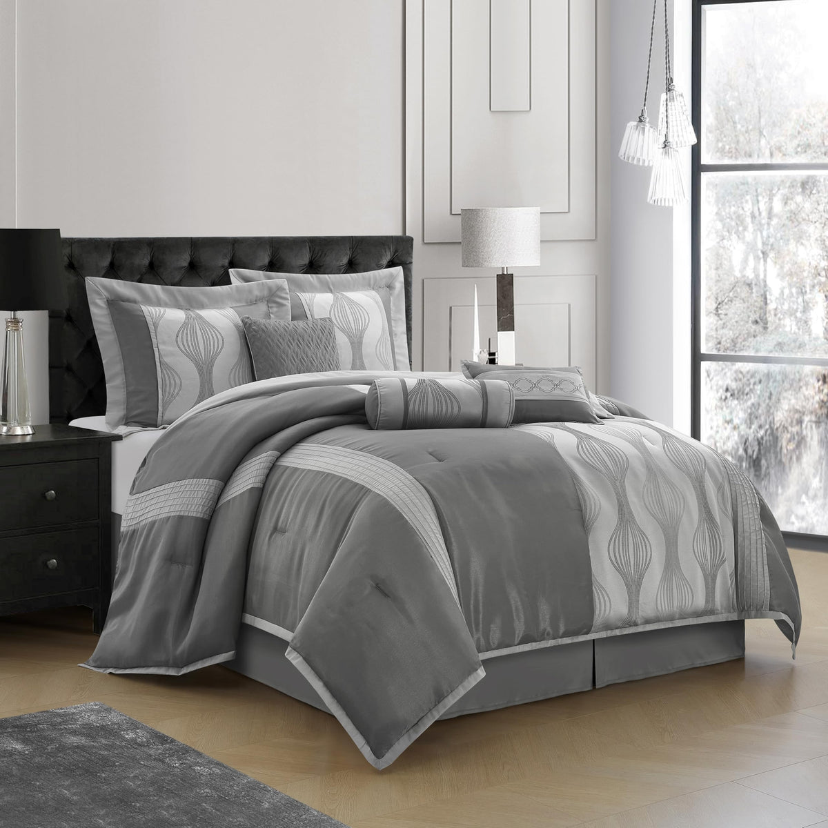 7 Piece Grey Comforter Set, Jacquard Bedding Set, All Season Geometric Patchwork Bedding Set, Matching