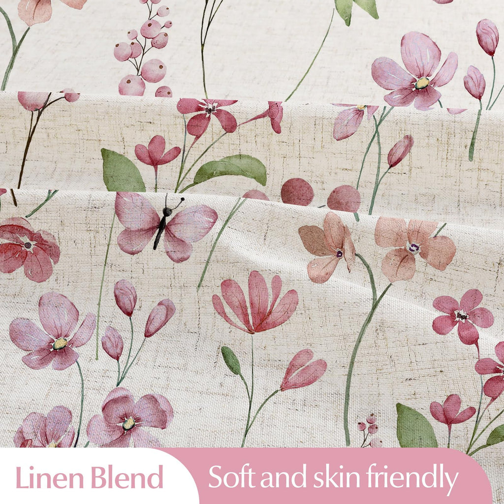 Linen Farmhouse Floral, Pink Butterfly Flower, Modern Minimalist White Waterproof Fabric Set, 72x72 Inch