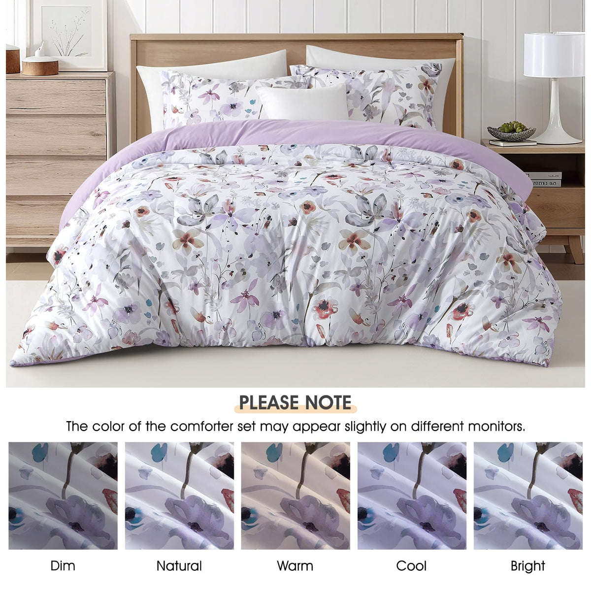 3 Piece Queen Comforter Set, Purple Floral Bedding, Soft Microfiber Comforter with Pillow Shams, Romantic French