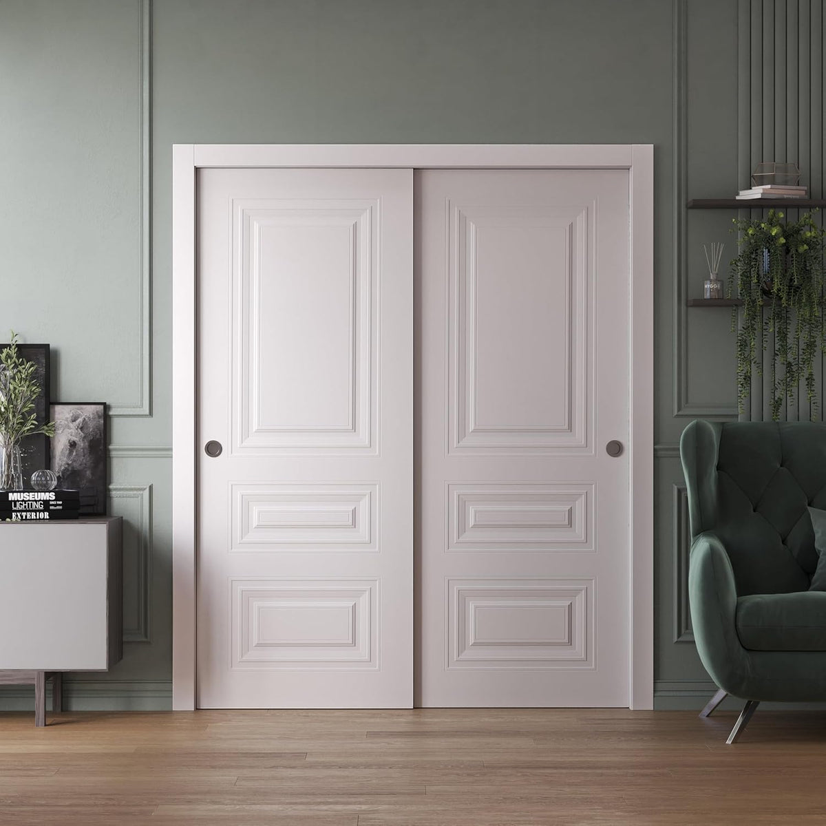 Sliding Closet Bypass Doors 60 x 96 inches | Base 7233 White | Rails Hardware Set | Wood Solid Bedroom Wardrobe Doors