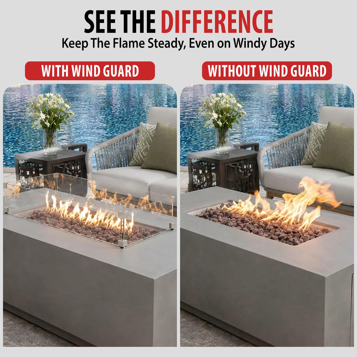AMS 38" Rectangular Clear Tempered Glass Wind Guard for Fire Pit Table