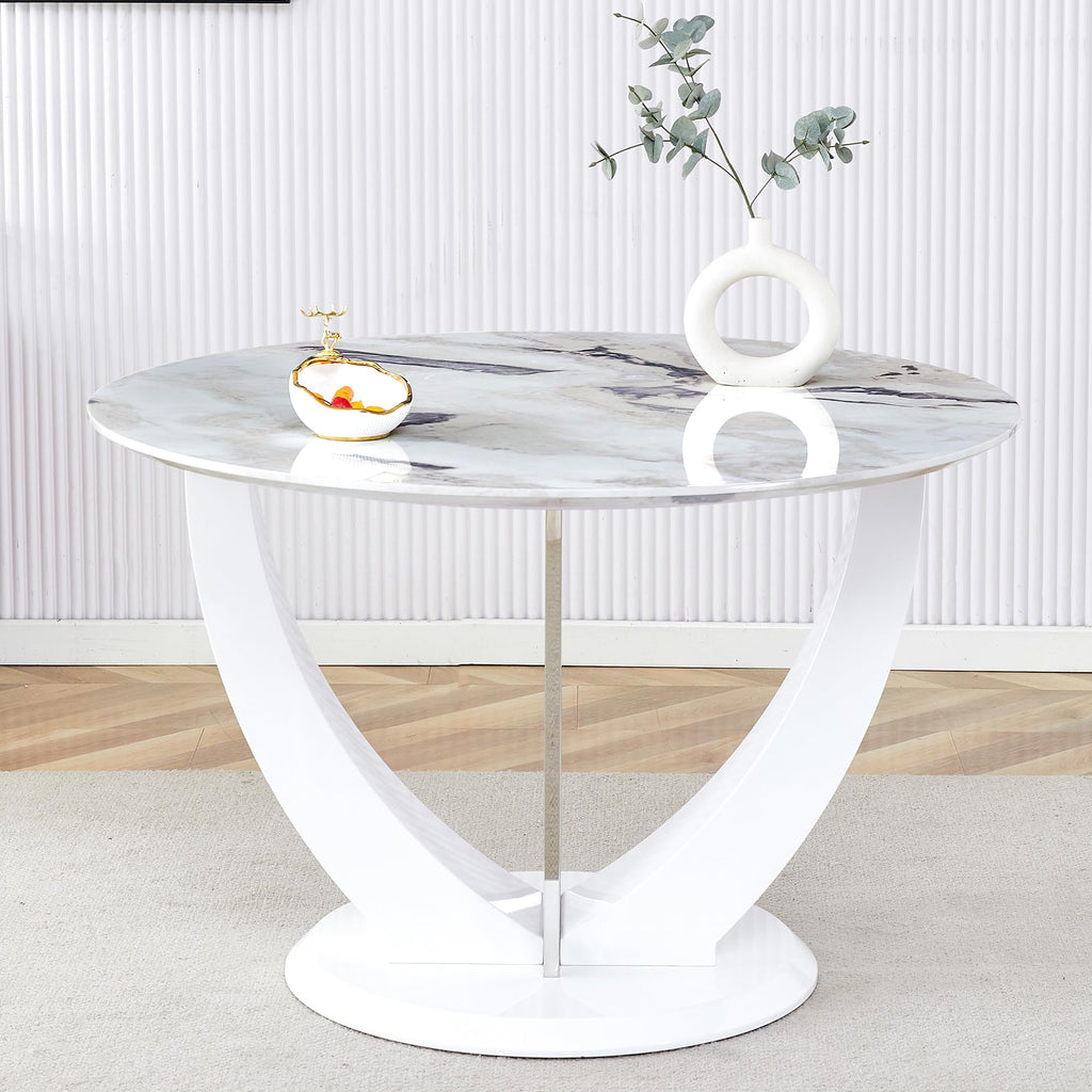 Inspired Saarinen Style Round Dining Table for 4/6, 47 Inch Faux Marble Look Dining Room Table, White Kitchen Table with Stable Pedestal