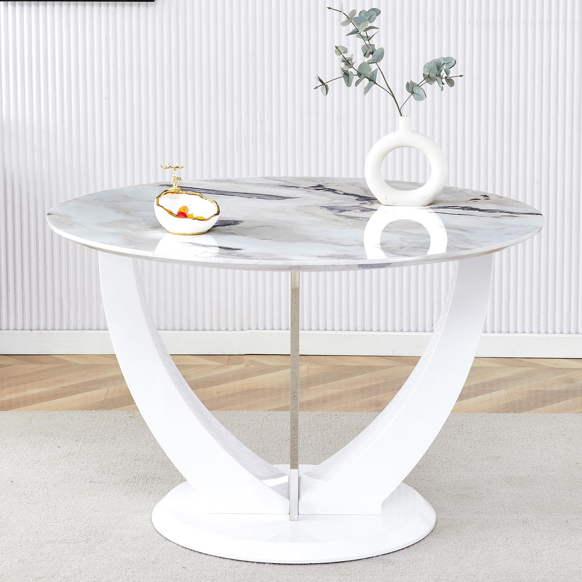 Inspired Saarinen Style Round Dining Table for 4/6, 47 Inch Faux Marble Look Dining Room Table, White Kitchen Table with Stable Pedestal