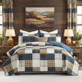 100% Cotton Quilt Set, Rustic Farmhouse Plaid, Blue/Khaki
