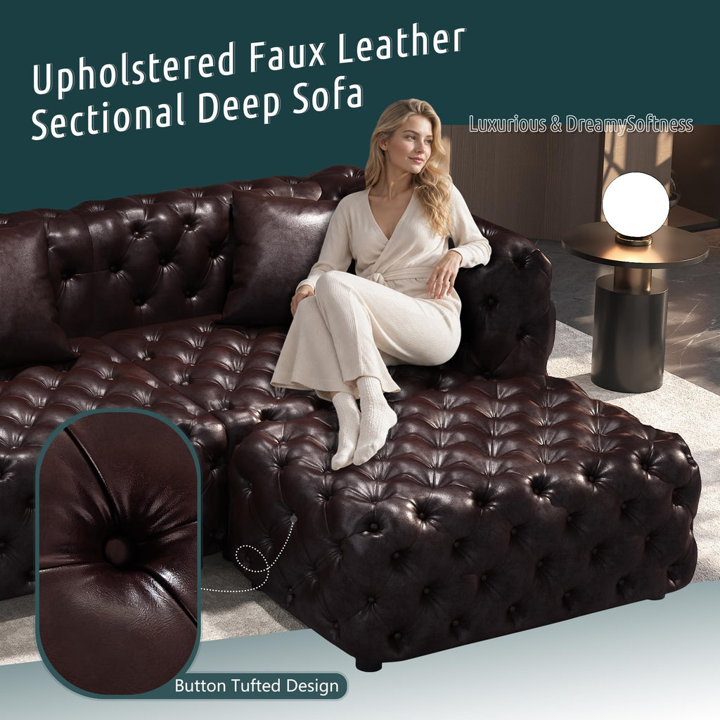 48" Faux Leather Couch, Chesterfield Sofa Set-Dark Brown
