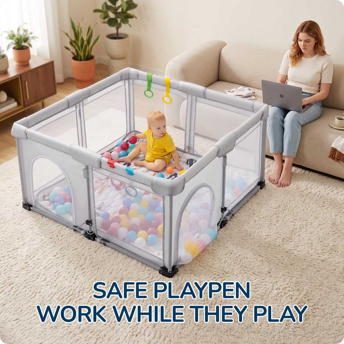 Foldable Baby Playpen with Mat, 50"x50", Light Gray