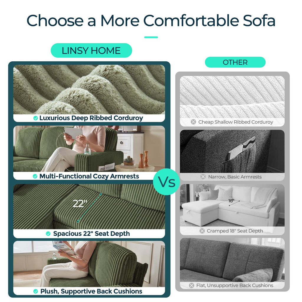 Sectional Sleeper Sofa Couch with Storage Chaise & USB Charging, Plush Corduroy Convertible Pullout Sofa Bed, Modular