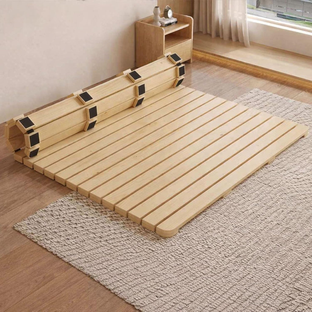 Scandinavian Natural Wood Slatted Roll-Up Bed Base, Japanese Tatami Style Platform, 74.8x31.5 Inch