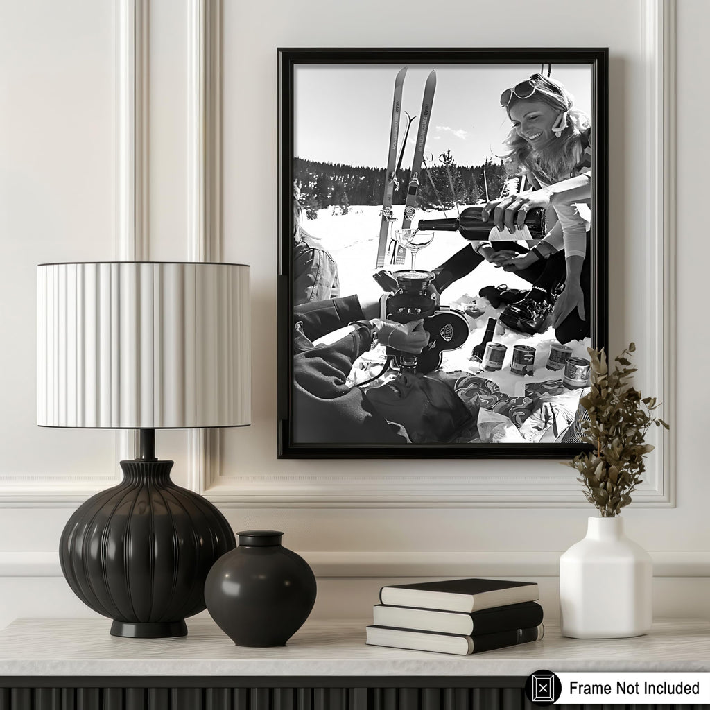 Pouring Champagne Print - Ski Poster - Humorous & Alcohol Illustration - Black and White Wall Design - Winter Snow