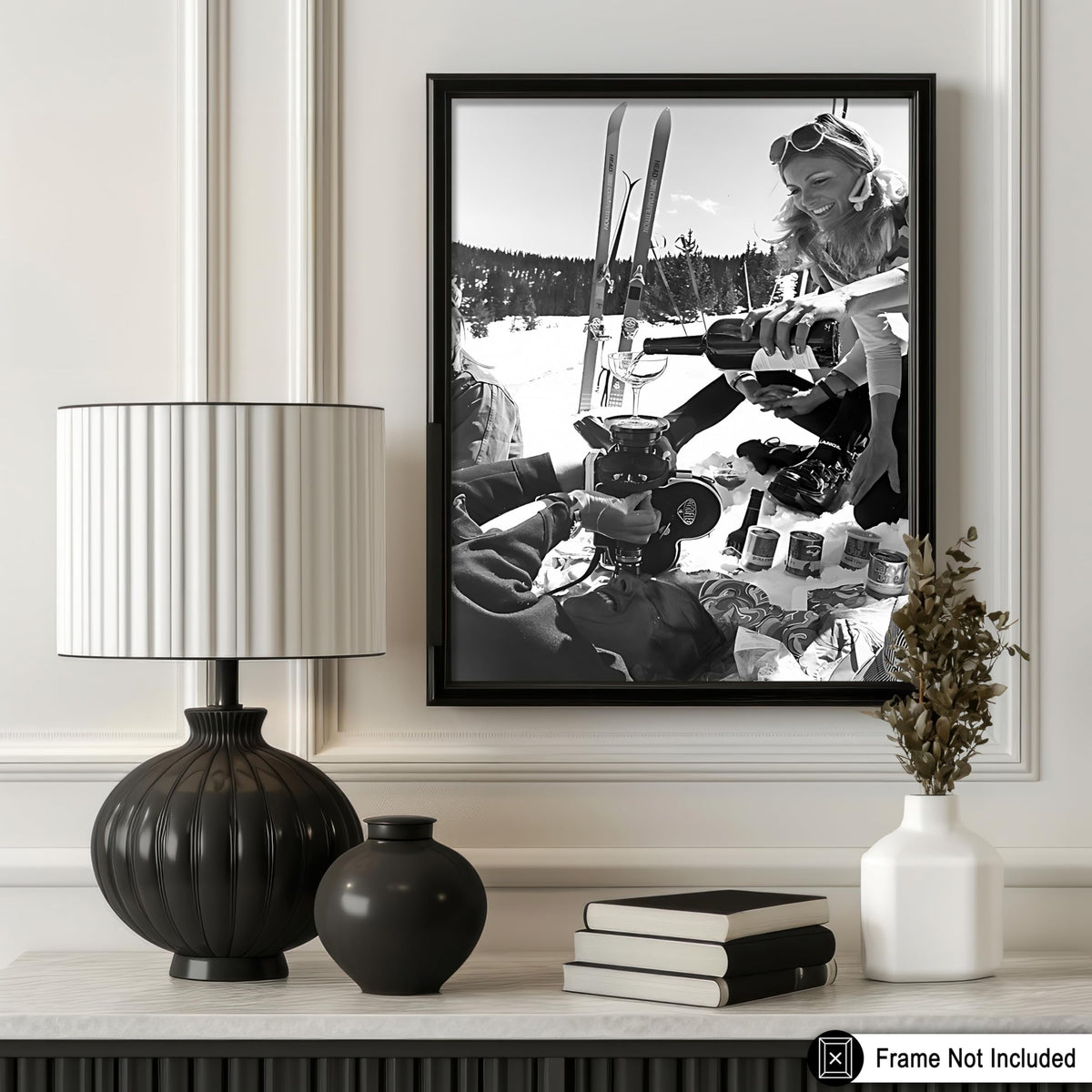 Pouring Champagne Print - Ski Poster - Humorous & Alcohol Illustration - Black and White Wall Design - Winter Snow
