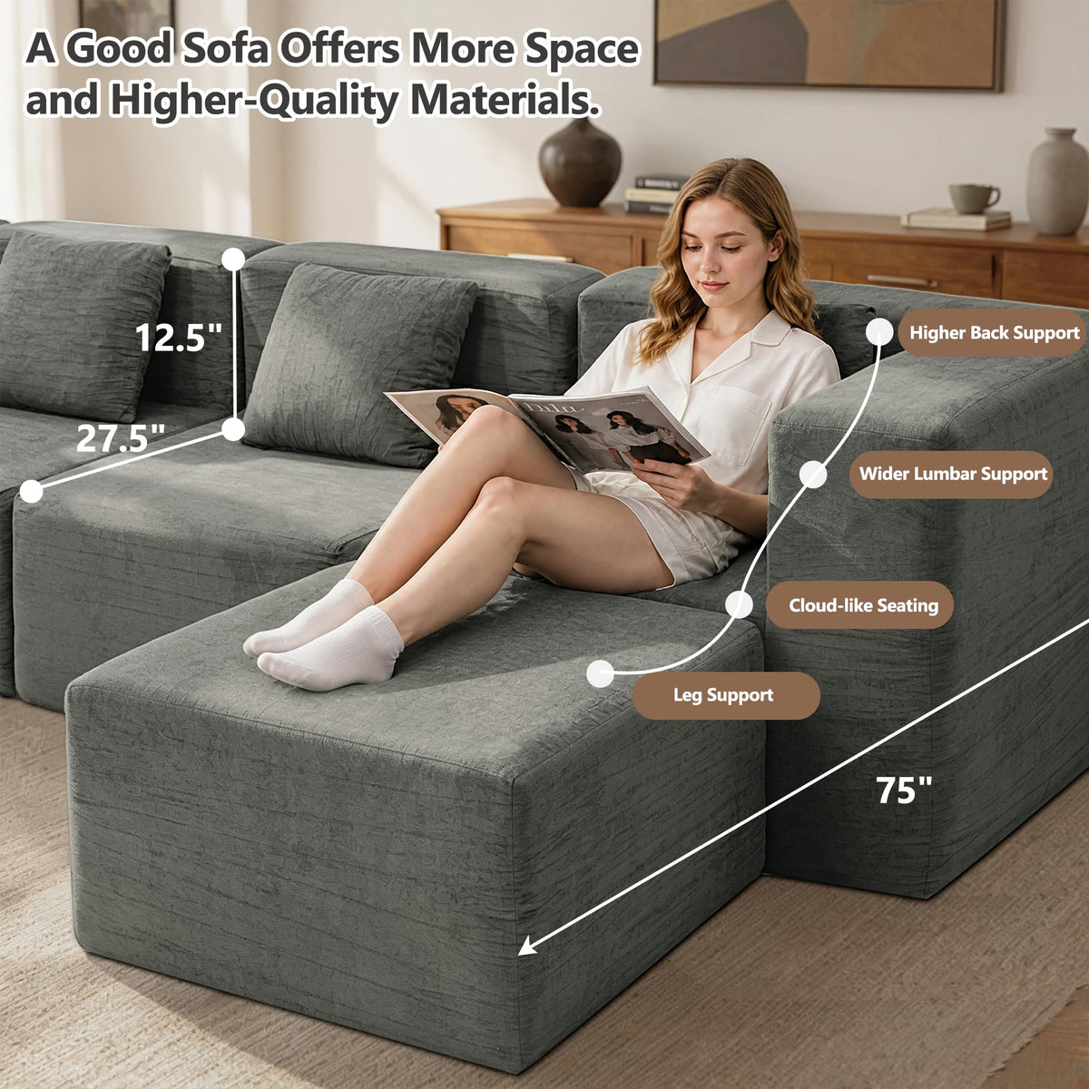 159" Three-Layer Functional Sponge Boneless Sectional Couches High-Back Design Well Supported Heavy-Duty 7-Seater