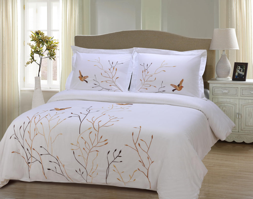 Swallow Cotton 200TC Duvet Cover Set, Comforter Cover, Bed Essentials, Embroidered Tree with Birds, Includes 1 Duvet