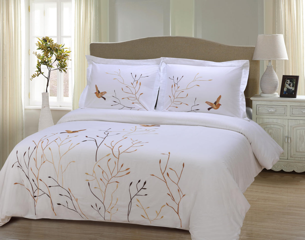 Swallow Cotton 200TC Duvet Cover Set, Comforter Cover, Bed Essentials, Embroidered Tree with Birds, Includes 1 Duvet