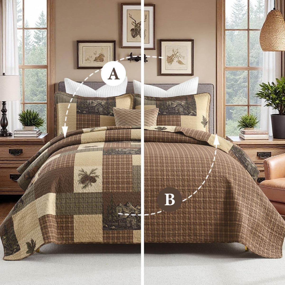 Cabin Quilt Set, 100% Cotton 3 Pieces Comforter Sets, Lodge Farmhouse Plaid Quilted Bedspread Coverlet