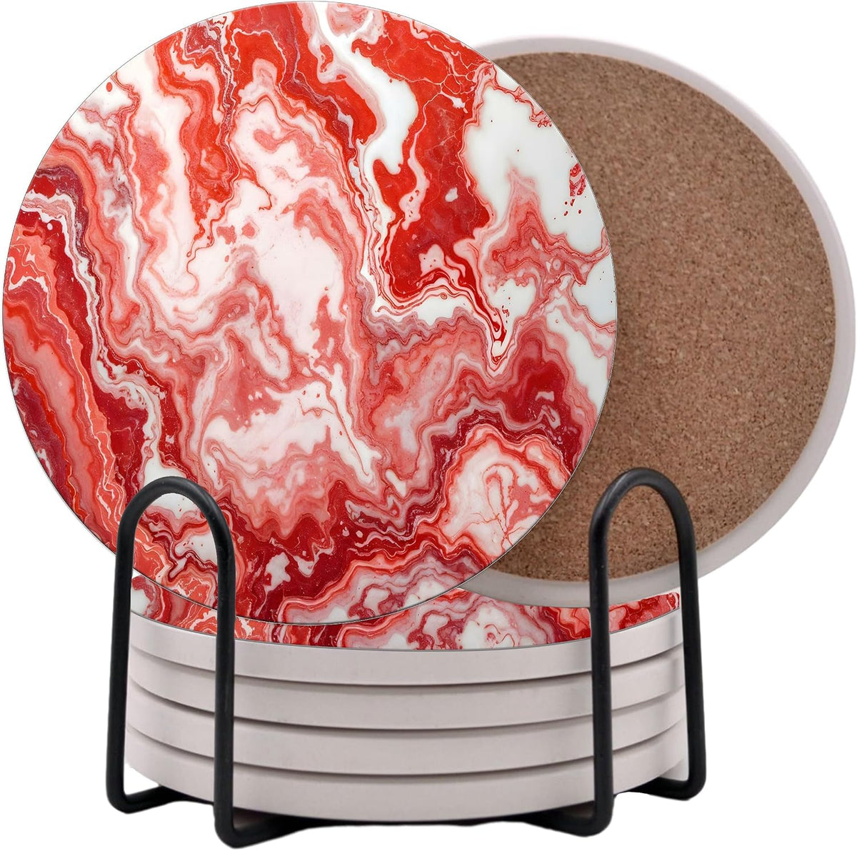 Light Red Agate Marble Round Coasters - Abosrbent Ceramic Coasters with Metal Stand for Drinks, Coffee - Set of 6