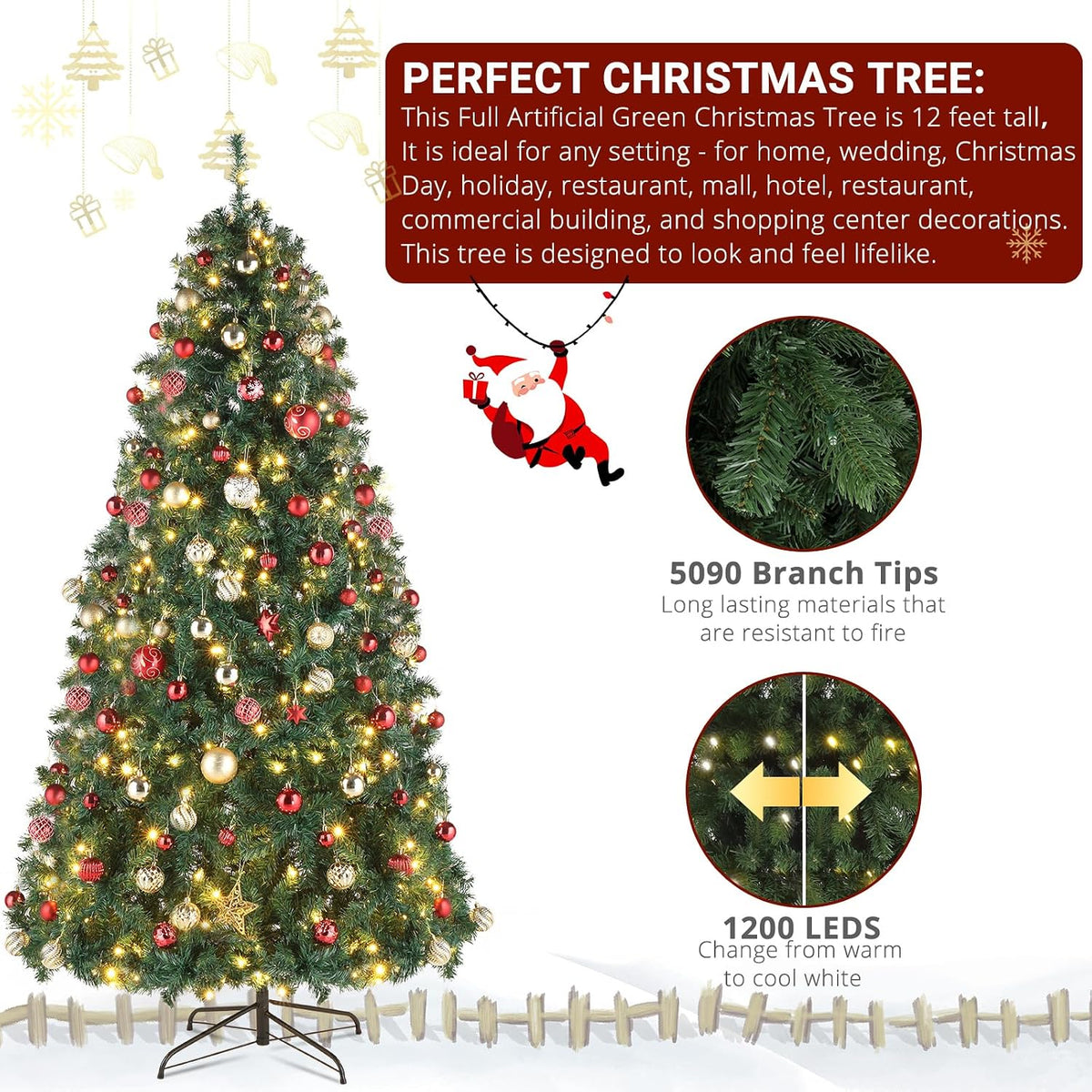 10FT Pre-Lit 1200 LED Lights 10 Modes Color Changing Christmas Pine Tree, 5090 Branches Artificial Festive Party