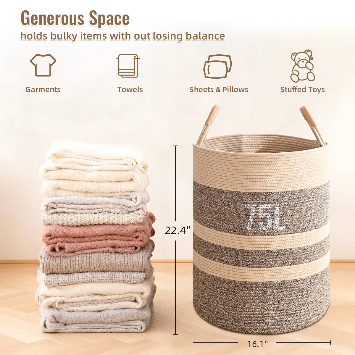 Large Laundry Basket, Laundry Hamper with Leather Handles, 75L Woven Dirty Clothes Hamper, Rope Hampers , Barthroom