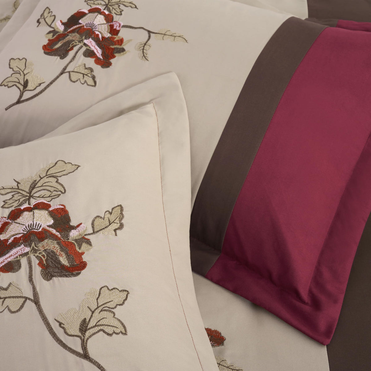 Vienna 7-Piece Embroidered Floral Comforter Set (Burgundy Taupe Brown)