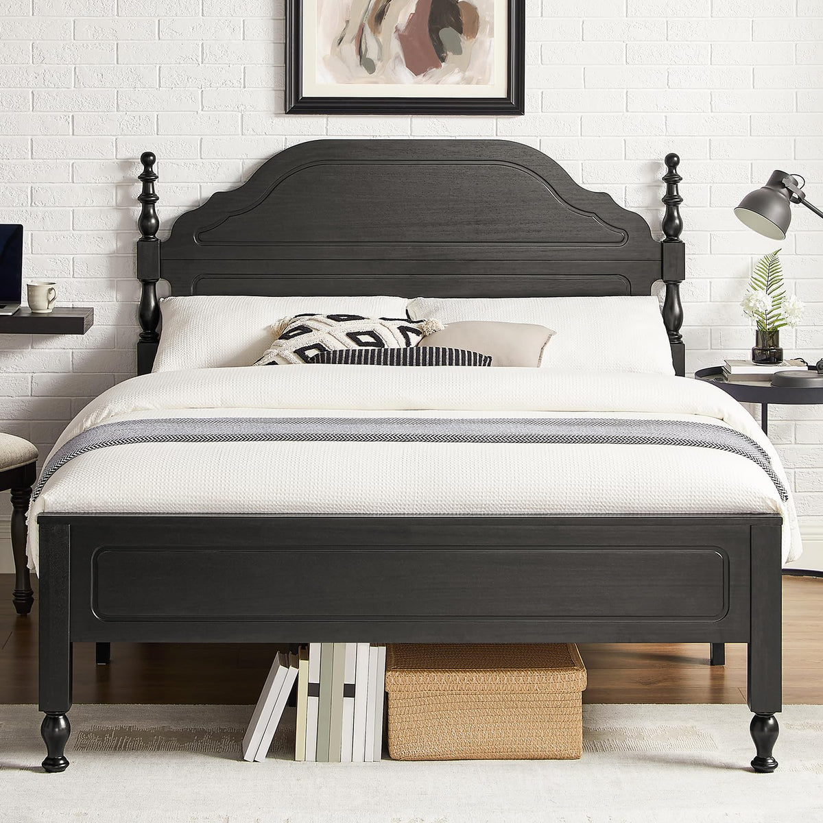 Wood Bed Frame with Wooden 50" Tall Headboard, Heavy Duty Solid Wood Slats Support, Rubber Wood Platform