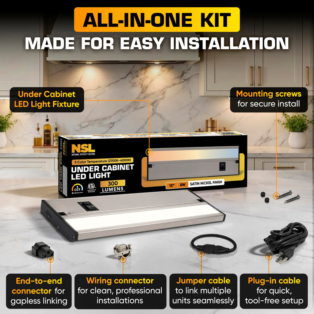 LED Under Cabinet Lighting Hardwired - 12 Inch Satin Nickel