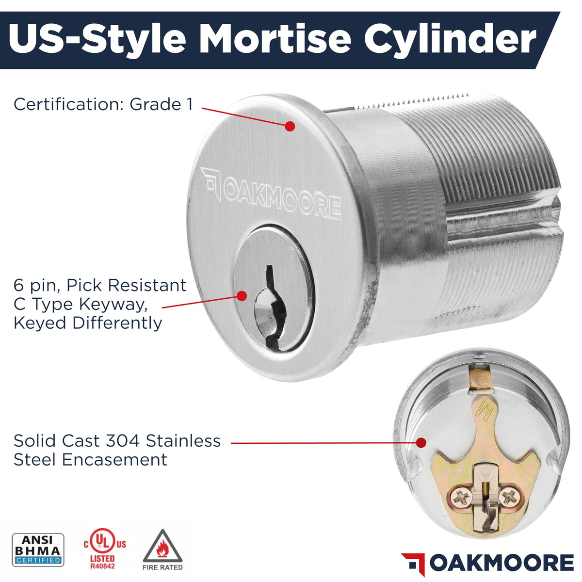 Mortise Lock Set Interior Door | Grade 1 Commercial Door Handle with Lock | ANSI Certified Mortise Cylinder Lock for
