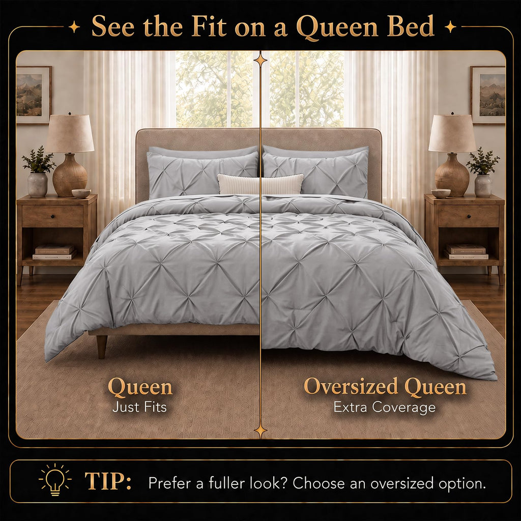 Queen Comforter Set French Grey, 7 Pieces Pintuck Bed in a Bag