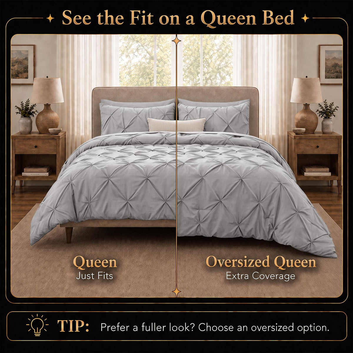 Queen Comforter Set French Grey, 7 Pieces Pintuck Bed in a Bag