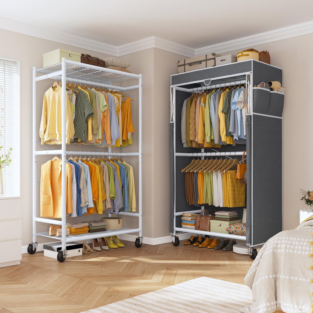 Rolling Clothes Rack with Cover, Heavy Duty Clothing Rack with Wheels, 120+ Garments Storage, Freestanding Portable
