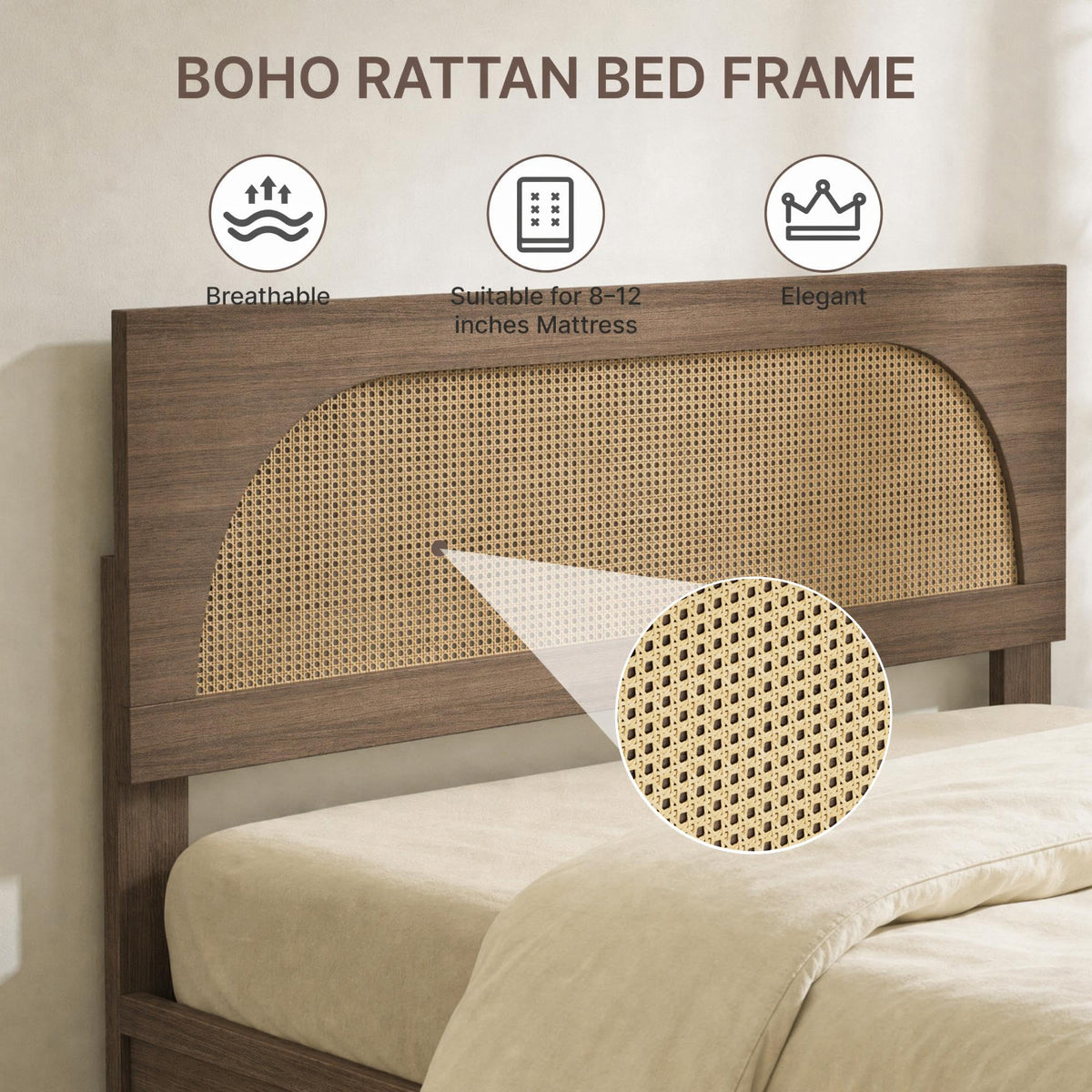 Boho Rattan Bed Frame, Farmhouse Platform, Walnut
