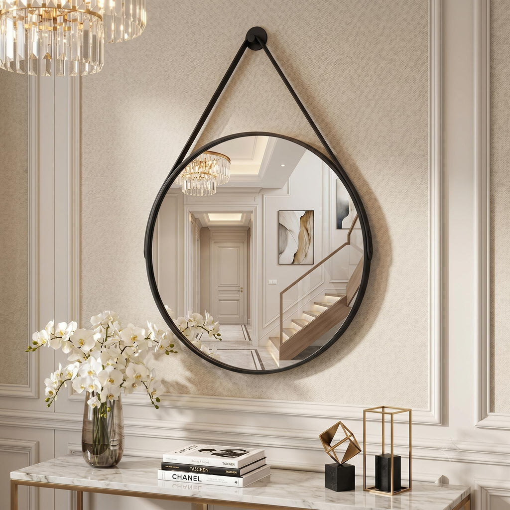 20" Black Round Mirror, Circle Wall Mirror with Leather Strap