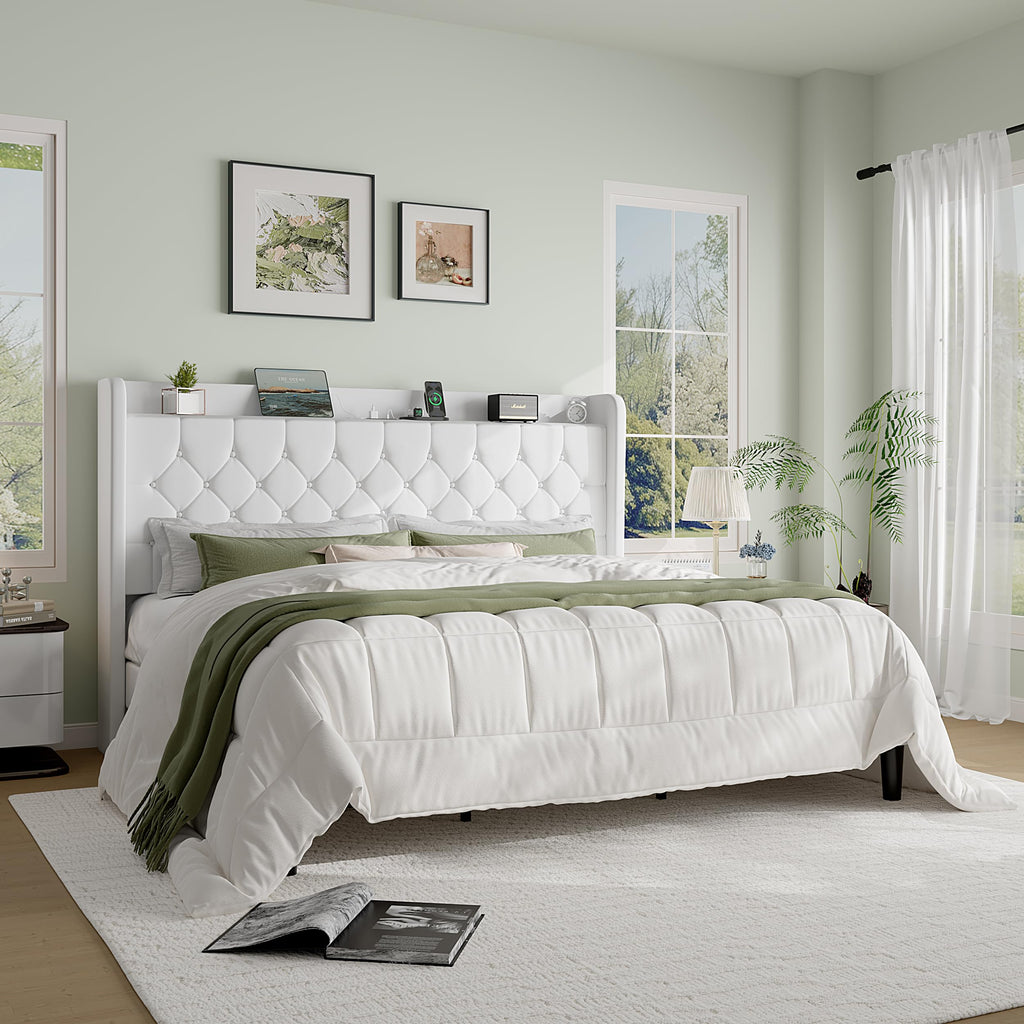 King Size Platform Bed Frame with Charging Station, Velvet Wingback Headboard with Storage Shelf, Wooden Slats