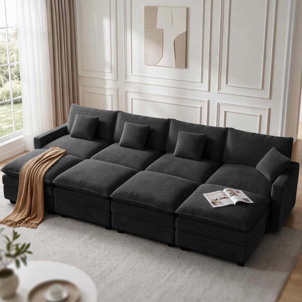 Oversized Cloud Couch Sectional, Deep Seat Modular Sofa with Ottoman, Black