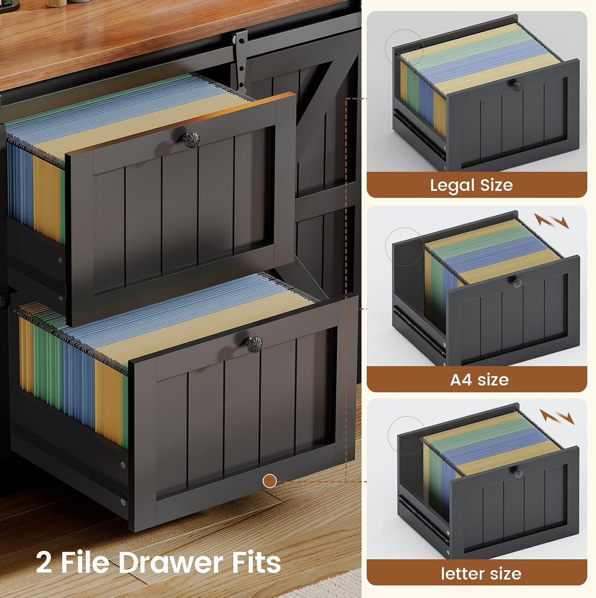 2 Drawer File Cabinet with Power Strip, 41" Farmhouse Filing Cabinet fits Legal, Letter, A4 Size Files , Printer