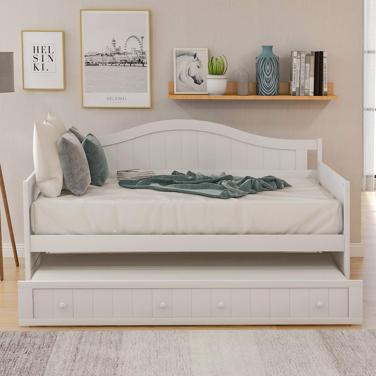 Classic Wood Daybed with Trundle Sofa Bed Living Room, No Box Spring Needed White