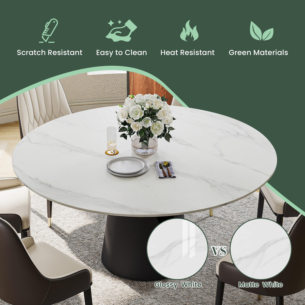 Inspired Saarinen Style 59" Modern Round Dining Table, Marble Round Dining Room Table for 6, Matte White Sintered Stone Tabletop with Black