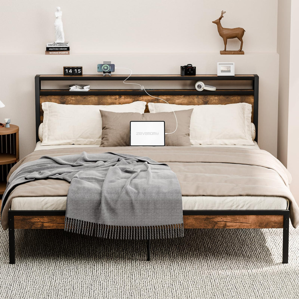 Bed Frame with Headboard, with Charging Station, Metal Platform Bedframe No Box Spring Needed