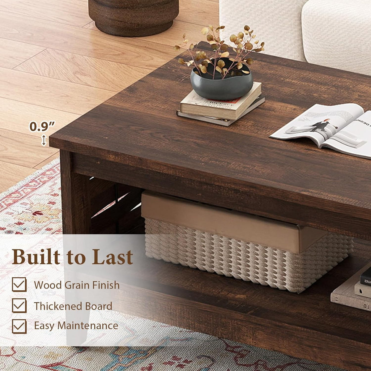 Farmhouse Coffee Table, 2-Tier Center Table with Storage Open Shelf & Woven Slatted Design