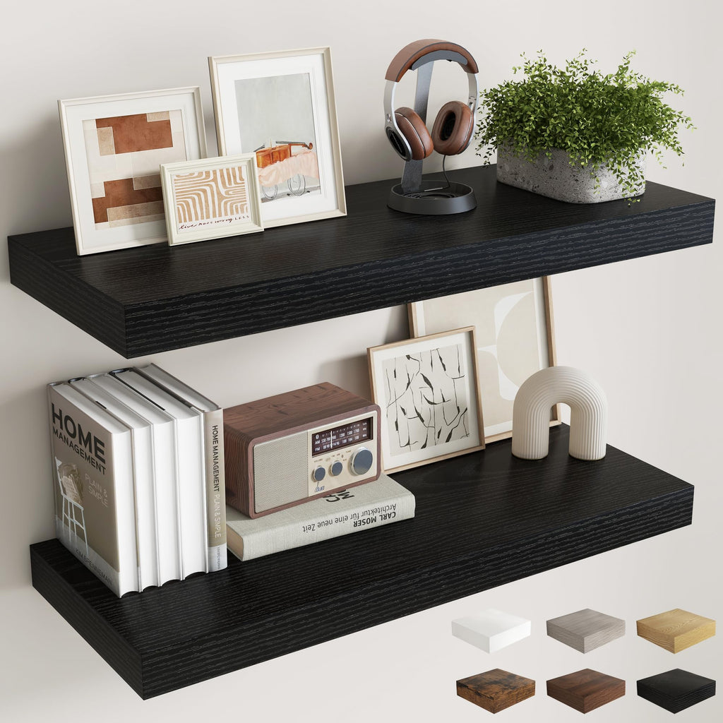 36 Inch Black Floating Shelves for Wall, 12 Inch Deep Shelves |Kitchen|Bedroom, Wall Mounted Rustic Wood Floating