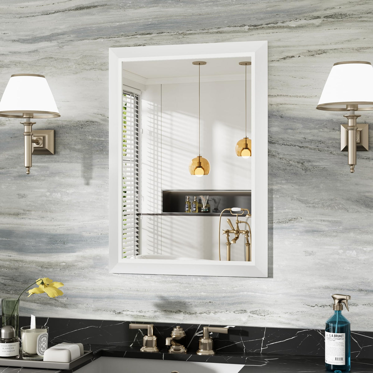 Bathroom Wall Mirror, White Metal Frame, 48x30 Inch