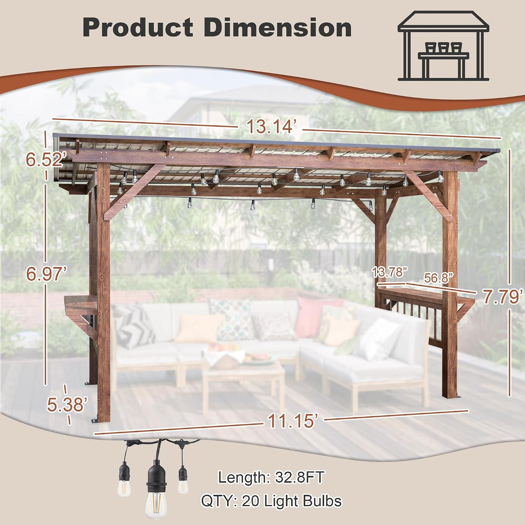 13' x 6.5' Wooden Grill Gazebo Metal Roof, Bulbs, Bar Counters, Patio Hardtop Grill Pergola, BBQ Canopy Patio, Lawn