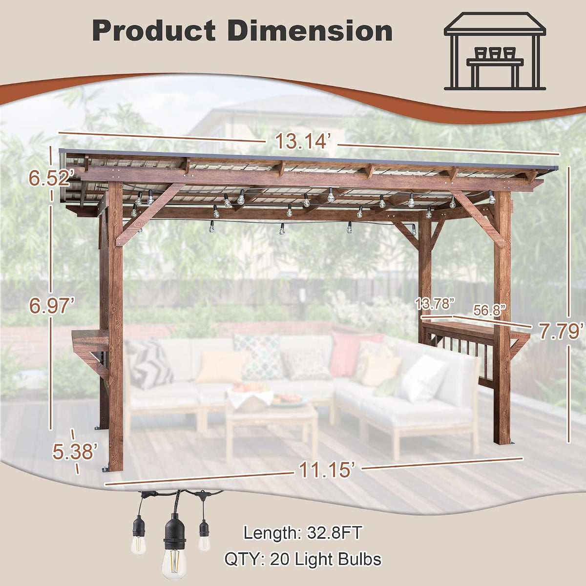 13' x 6.5' Wooden Grill Gazebo Metal Roof, Bulbs, Bar Counters, Patio Hardtop Grill Pergola, BBQ Canopy Patio, Lawn