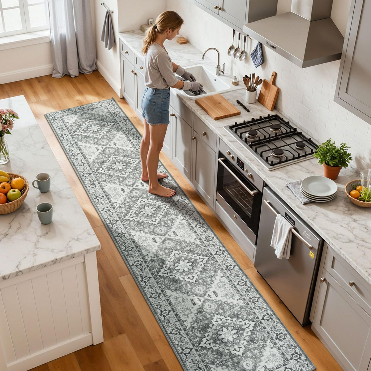 Runner Rug, Washable Entryway Rugs, Grey White