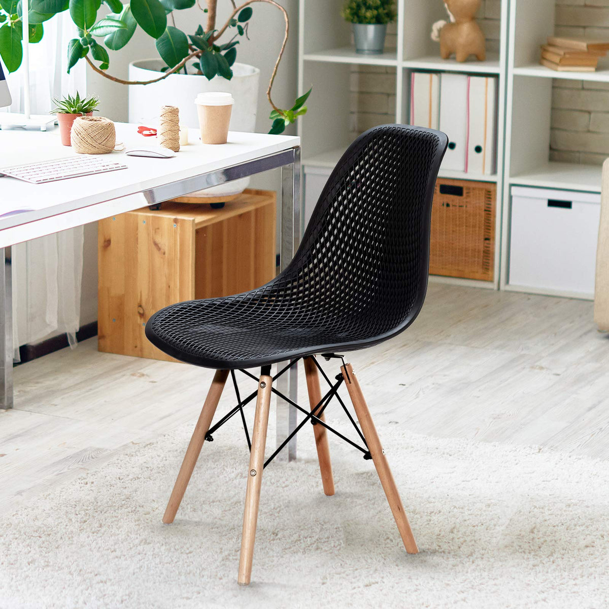 Inspired Eames Style Set of 4 Dining DSW Chairs, Shell PP Lounge Side Chairs w/Beech Wood Legs & Mesh Design, Modern Side Chairs Living