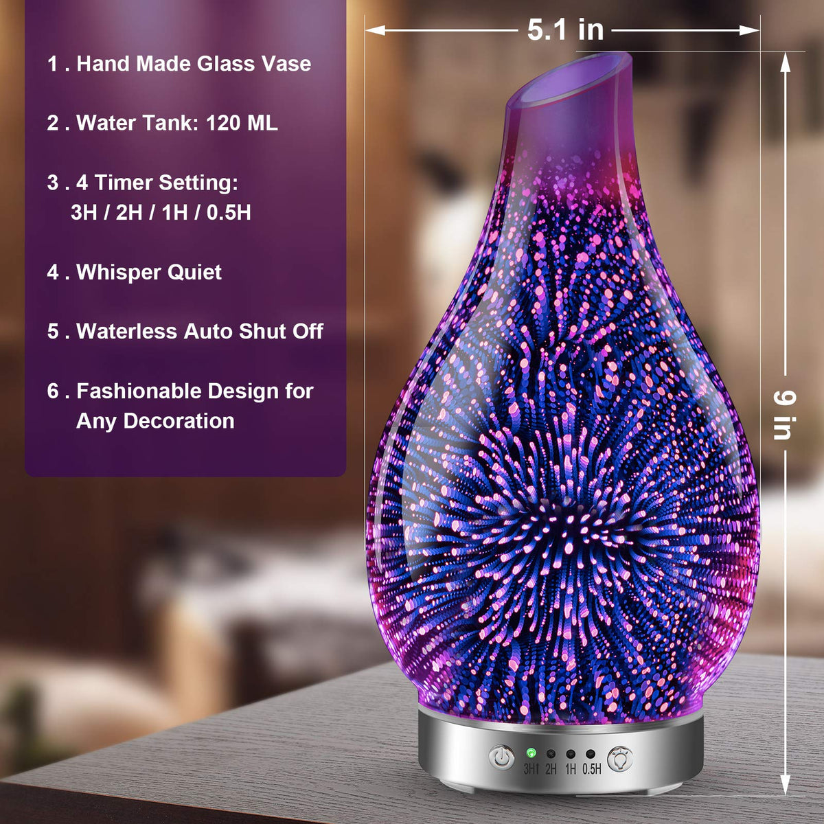 Essential Oil Diffusers 3D Glass Aromatherapy Diffuser Cool Mist Humidifier