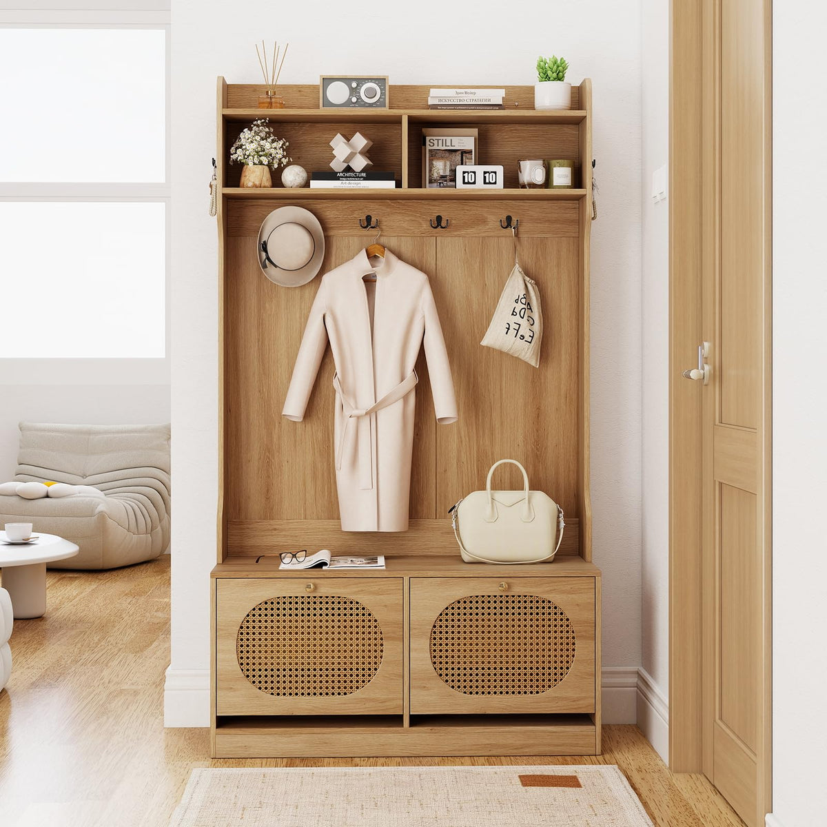 4-In-1 Hall Tree with Bench and Shoe Storage, Entryway Bench with Coat Rack & Flip Shoe Racks, Dual-Hook Hangers & PE