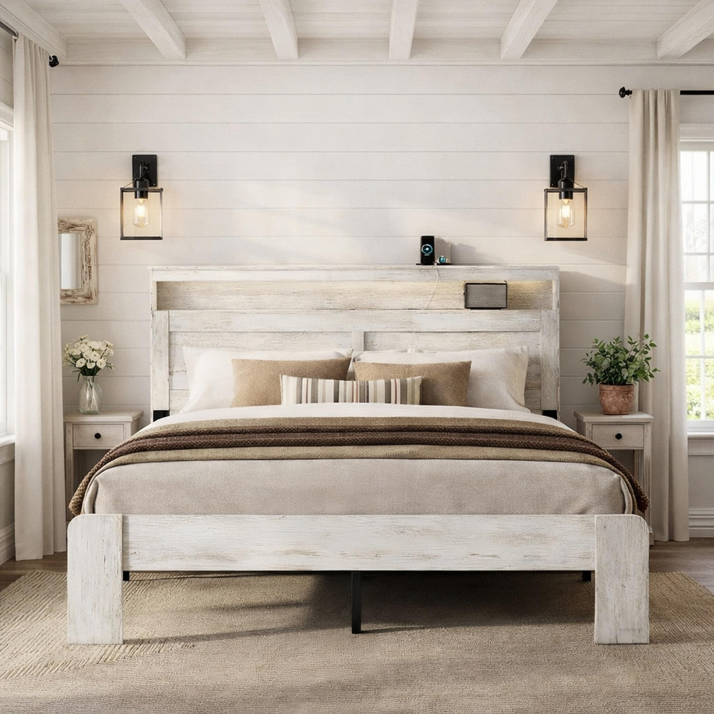 Wooden Bed Frame with Headboard, Rustic Platform Bed Frame