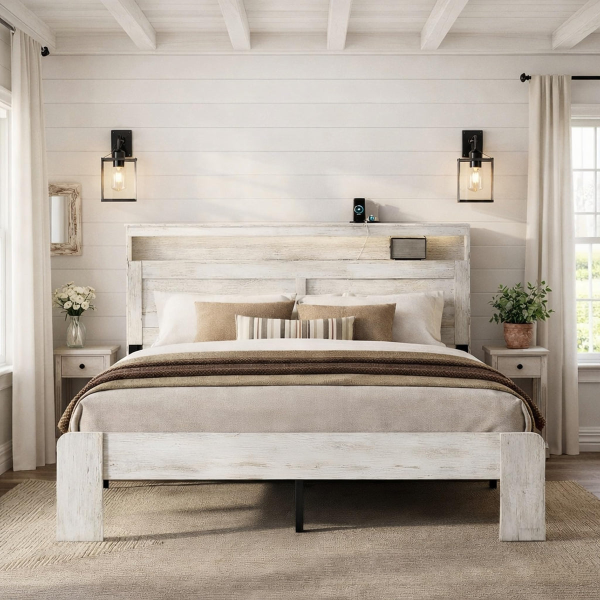 Wooden Bed Frame with Headboard, Rustic Platform Bed Frame