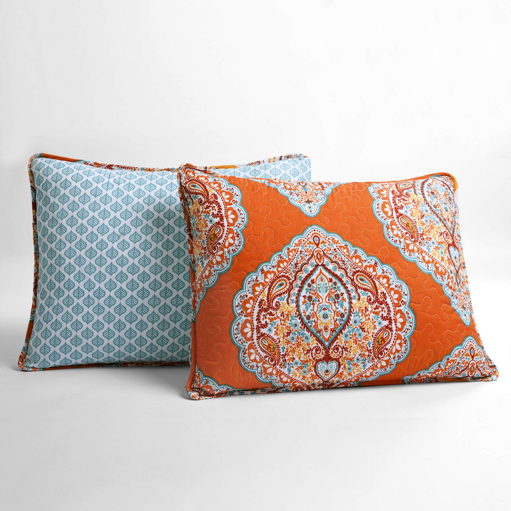Harley Reversible Quilt Set, 5 Piece Set, King, Tangerine - Boho Bedding Set - Orange Quilt - Bold & Colorful Paisley