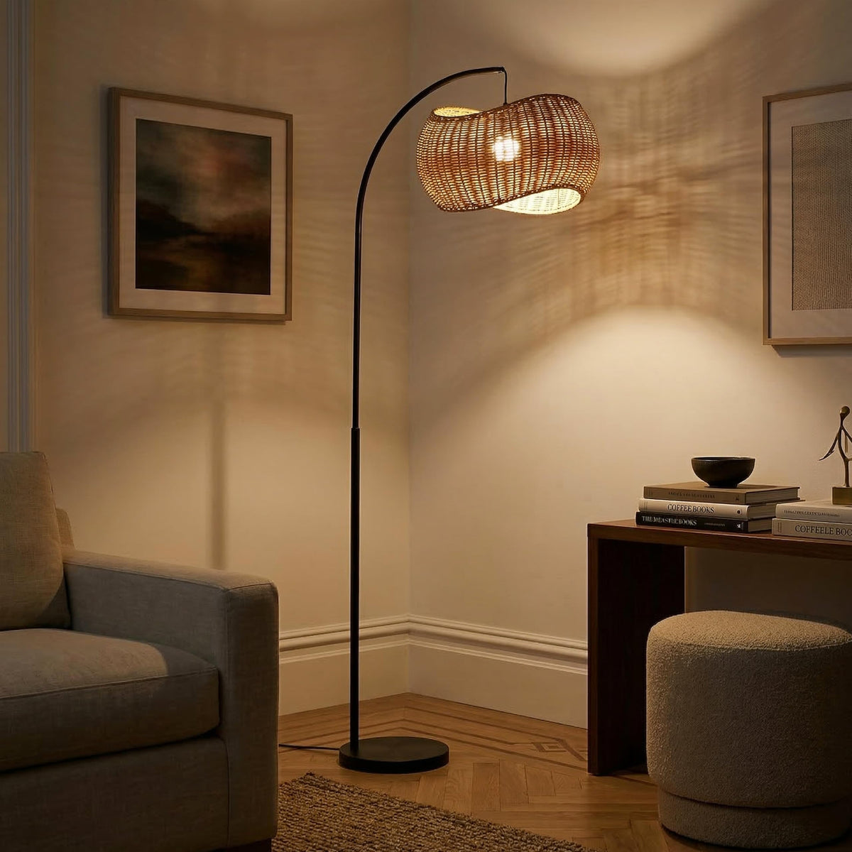 Wave Arc Floor Lamp - Chic Standing Lamp with Unique Hanging Wicker Pendant Shade, Boho Rattan Natural Decor Lamp