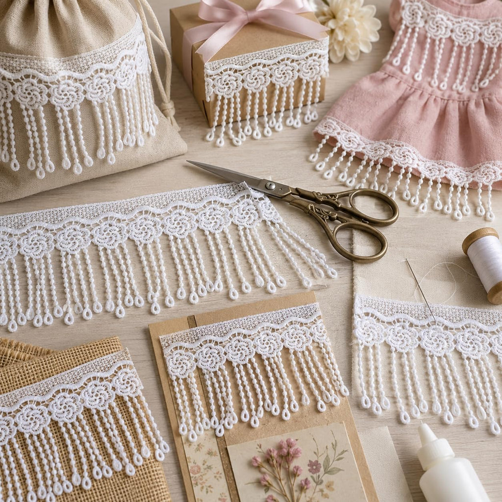 4.34 Inch White Lace Fringe Trim, Venice Lace Trim for Sewing